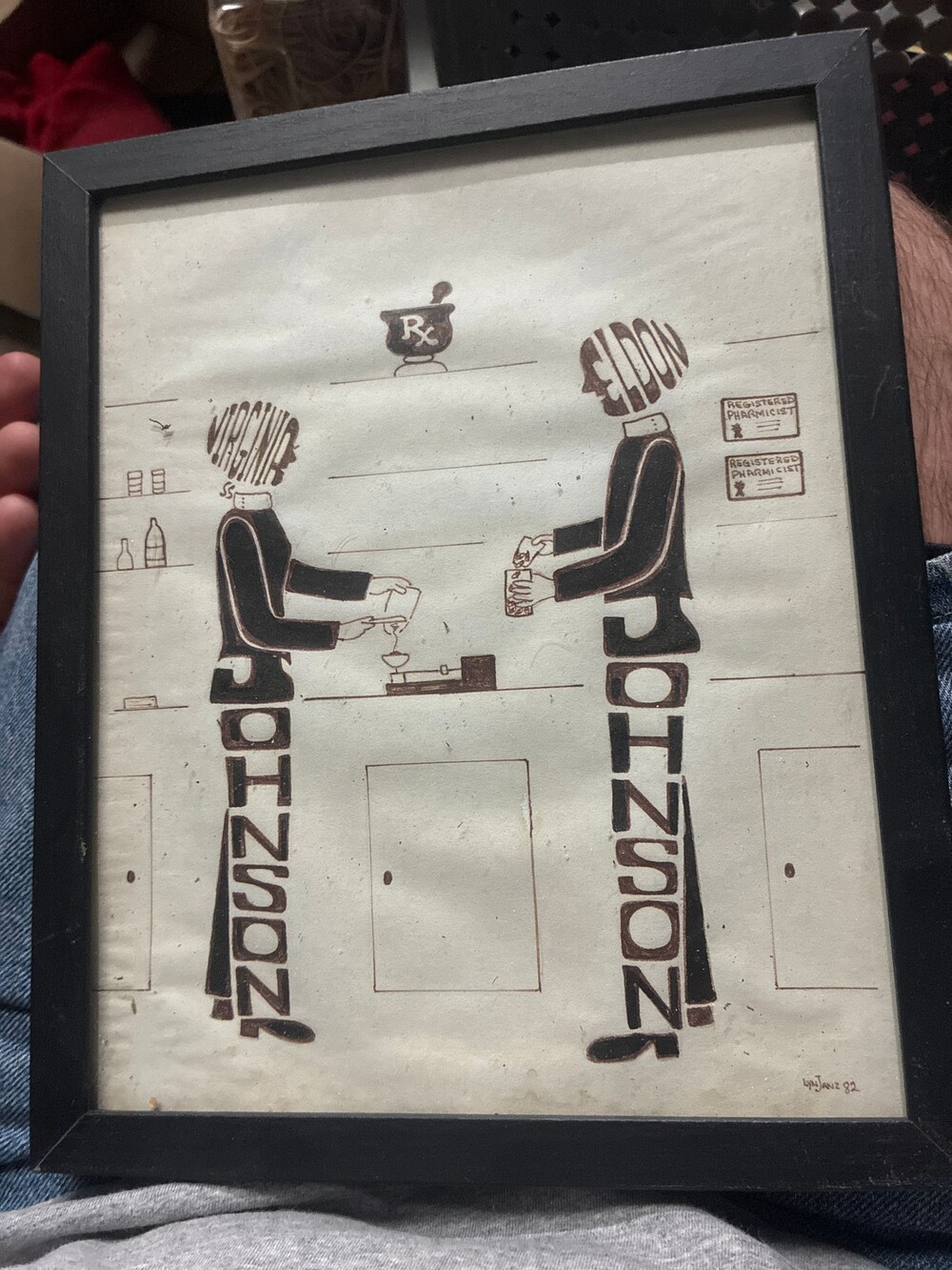 Lyn Janiz Framed Art Print Pharmacy Illustration Signed 1982
